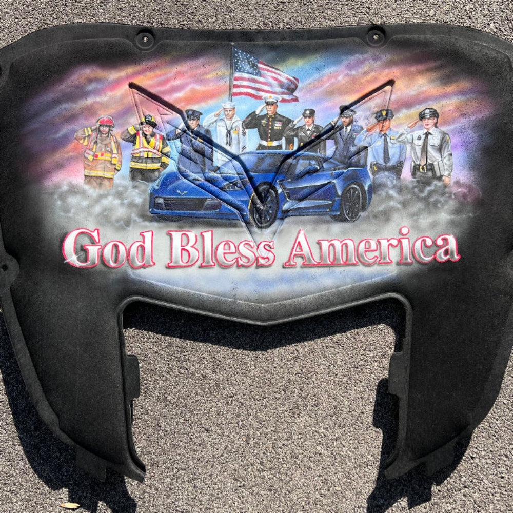 God Bless America Artwork On Car Hood Liner 